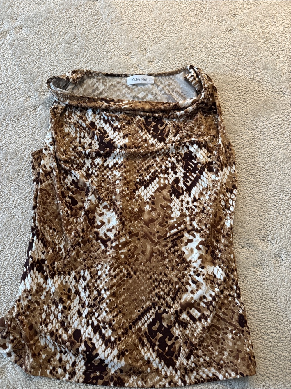 Calvin Klein Taupe and White Snake-Print Slip Dress